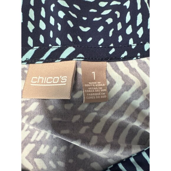 Chicos Womens Navy & Aqua Geometric Print 3/4 Sleeve Scoop Neck Top Size 1 US S - Picture 5 of 9